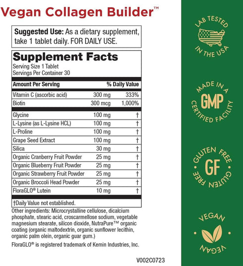 Vegan Collagen Builder - Organic Whole Foods Fruits + Veg, Silica, Lutein, Vitamin C, Biotin, Grape Seed - Amino Acids Glycine, Lysine + Proline C...