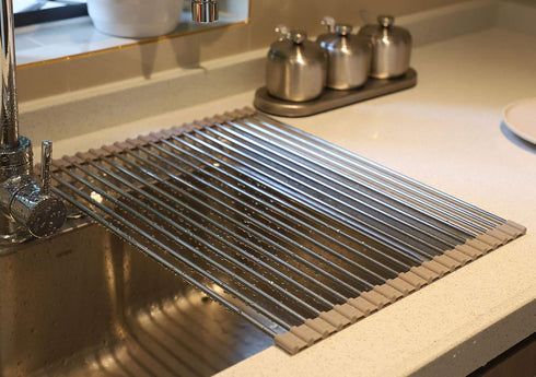 Roll up Dish Drying Rack Over The Sink Drying Rack Silicone kitchenware Folding draining Dish Rack SUS304 Stainless Steel 17.7inx13.75in (Grey)...