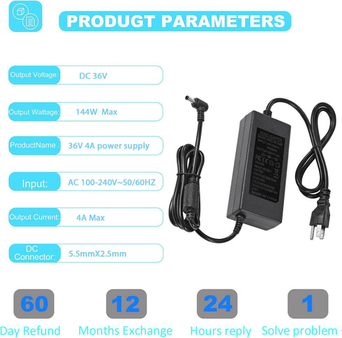 36V 4A 144W Power Supply Adapter 100-240V AC to DC 36 Volt 4Amp Power Adapter 5.5mm x 2.5mm/2.1mm DC Output Jack 36V Volt AC Power Supply for LED ...