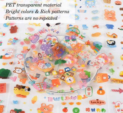 Kawaii Cartoon Bear Journaling Stickers - 100 Sheets Cute Rabbit Animal Transparent PET Scrapbooking Clipping Supplies Calendar Decals Sticker for...