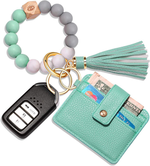 CEALXHENY Wristlet Bracelet Keychain Wallet, Silicone Bead House Car Key Ring Pocket Credit Card Holder...