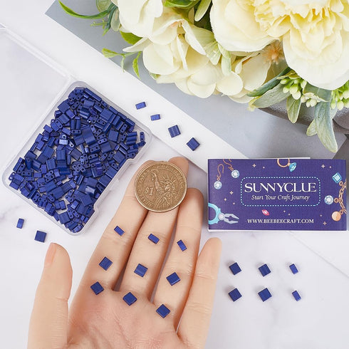 SUNNYCLUE 1 Box 300Pcs 2 Sizes Square Seed Beads Blue Tila Beads Bulk Half Cut 5mm Two Hole 1/2 Tila Bead Japanese Glass Mini Flat Rectangle Space...