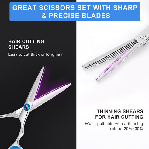 Hair Cutting Scissors and Thinning Shears, 6.5in Professional Stainless Steel Barber Scissors with Sharp Blades, Ergonomic Hairdressing Scissors f...