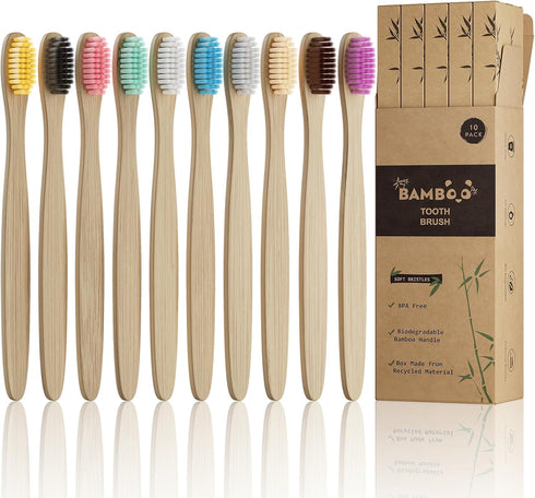 10 Pcs Soft Bristles Bamboo Toothbrush for Adults, Biodegradable Natural Bamboo Charcoal Toothbrushes, Eco Friendly Color Bristle Wood Tooth Brush...
