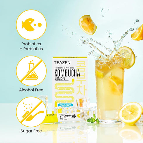 TEAZEN Lemon Kombucha Tea, Hydration Drink Mix, Sugar Free, Live Probiotics & Prebiotics, 10 Sticks, 1.76oz...
