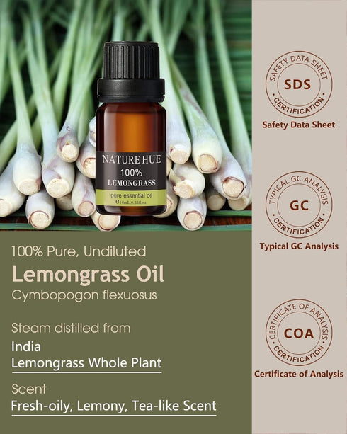 Lemongrass Essential Oil - 10 mL (1/3 oz) - Pure, Natural, Therapeutic Grade - for Diffuser, Massage, Skin & Hair Care - Fresh and Lemony Scent...