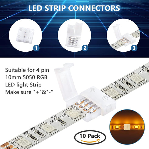 4-Pin 10mm RGB LED Light Strip Connectors, 100 Pieces Solderless and Gapless Adapter Terminal, Incl. Screw Clips, Cuttable T, L and X Shape for SM...