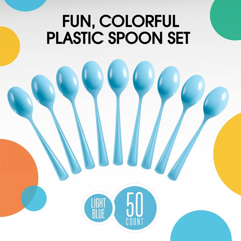 Disposable Light Blue Plastic Spoons 50 Pcs - Heavy Duty Light Blue Plastic Disposable Cutlery - Light Blue Disposable Flatware, Light Blue Plasti...