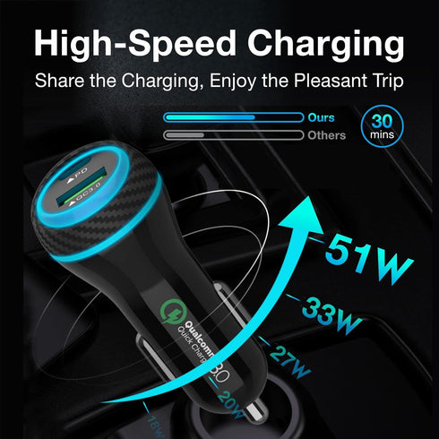 MOCA for iPhone 51W Fast Charger, USB C Dual Ports W/ 2pcs 3.3ft A-P/C-P Cable Car Charger Adapter for iPhone 13 12 11 Pro/XS/XR/SE/X 8/iPad/AirPo...