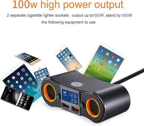 Dual USB Quick Charge QC3.0 Car Charger Adapter 2-Socket Cigarette Lighter Adapter with LED Voltmeter Suitable for Mobile Phones, car DVR, Navigat...