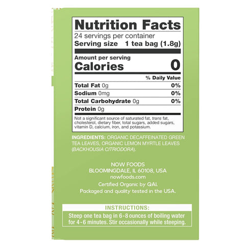 NOW Foods, Certified Organic Green Tranquility™ Tea, Decaf Green with Lemon Myrtle, Non-GMO, Premium Unbleached Tea Bags with No-Staples Design, 2...