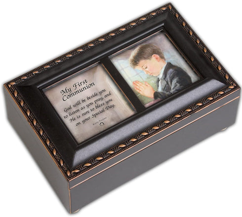 Cottage Garden First Communion God Beside You Matte Black Rope Trim Petite Music Box Plays Handel's Hallelujah...