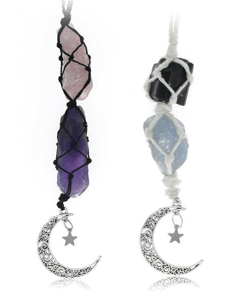 BOHO GARDEN Hanging Car Charm - 2-Pack Rose Quartz & Amethyst + Black Tourmaline & Blue Calcite - Dangling Moon & Healing Crystal Accessories, Rea...