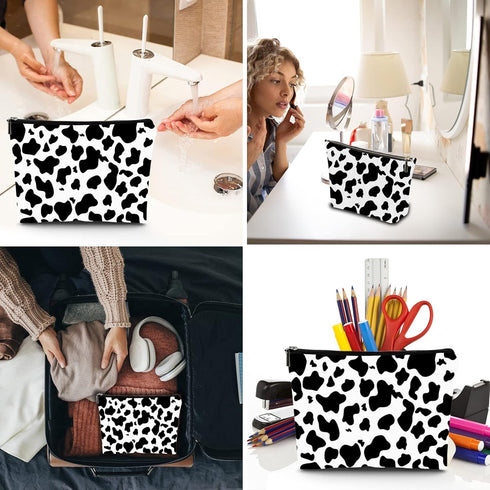 2Pcs Makeup Bag,Travel Makeup Bag,Makeup Bags for Women,Makeup Brush Bag,Large Capacity Cosmetic Bag,Waterproof and Durable-Black White Cow Wester...