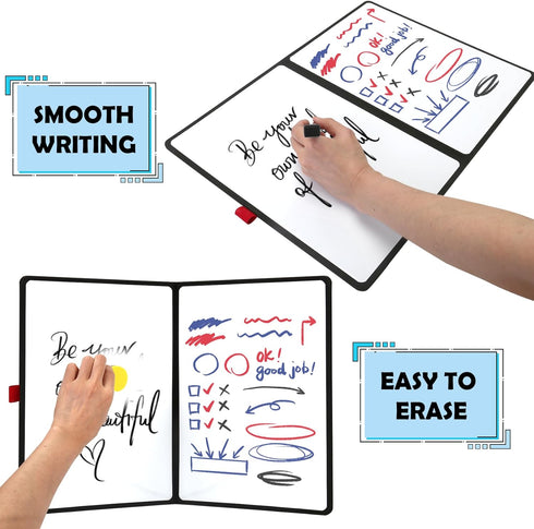 Double-Sided Whiteboard - Portable, 12" x 9" Dry Erase Boards with 3 Markers, Eraser and Stylish Red Elastic Pen Tray for Office, Education and Ho...