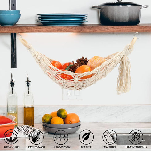 Hanging Fruit Hammock Under Cabinet Hanging Basket Includes Hooks - Macrame Bohemian Hanging Banana Vegetable Hammocks Kitchen Storage Counter Spa...