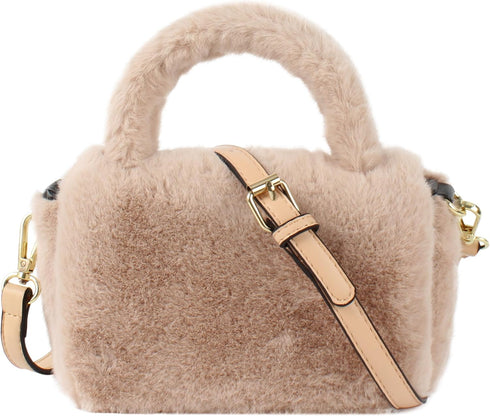 Women Faux Fur Winter Fashion Shoulder Bag Barrel Shape Drawstring Satchel Purse...