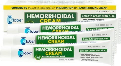 Globe (2 Pack) Hemorrhoid Cream, Relief with Aloe, (1.8 Ounce Tube) Relief from Hemorrhoids, Piles, Itching, Burning, Discomfort, & More...