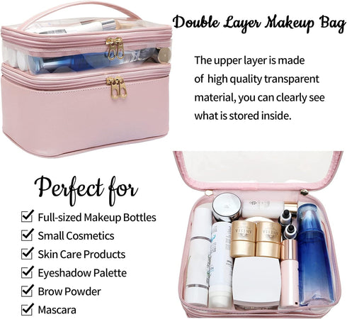 Makeup Bag,Leather Double Layer Large Organizer Bag,Travel Accessories Dorm Room Essentials Toiletry Bag for Women,Travel Essentials Cosmetic Bag ...