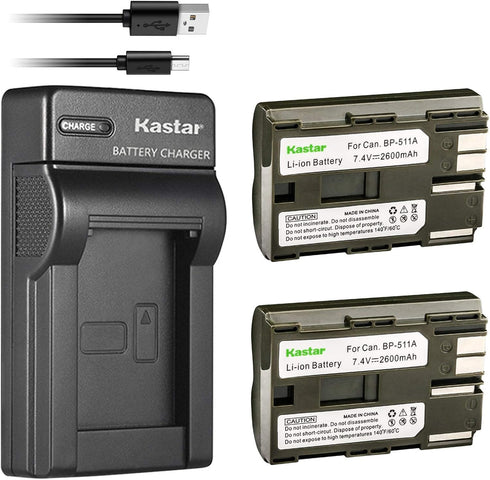 Kastar Battery X2 + Slim USB Charger Replacement for BP-511 BP-511A BP511, EOS 5D 10D 20D 30D 40D 50D Digital Rebel 1D D60 300D D30 Kiss Powershot...