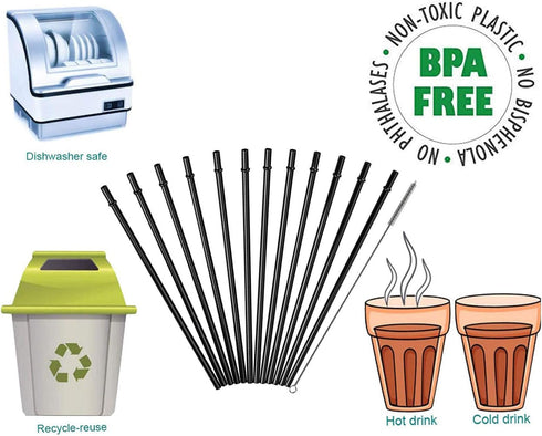 DAKOUFISH 9 Inch Black Reusable Plastic Replacement Drinking Straws for 16 oz 20 oz Mason Jar,Tumblers, Set of 12 Pcs Straws with Cleaning Brush (...