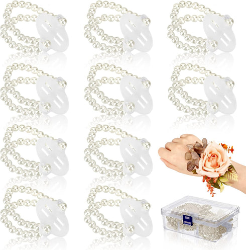 Corsage Wristlet Band 16 Pcs Elastic Pearl Bracelet Wrist Corsage Bracelets DIY Flower Bracelet with Storage Box for Bride Prom Accessories Weddin...