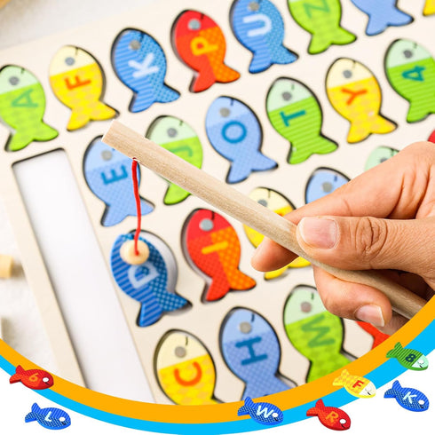 POPLAY Wooden Magnetic Fishing Game, Alphabet Fish Catching Counting Games Montessori Fine Motor Skills Toy with Letters and Numbers for Early Lea...