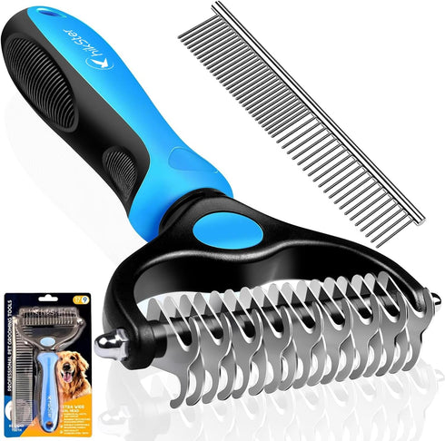 Undercoat Rake for Dogs with Metal Comb 2 in-1 Pet Grooming Brush Double Sided shedding Dematting Tool Remove Knots Dematting Comb for Dogs with D...