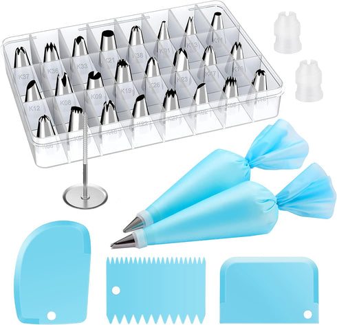 Kootek 32-Piece Piping Bags and Tips Set with 24 Icing Piping Tips, 2 Reusable Pastry Bags 12 Inch, Reusable Piping Icing Bags and Tips, Cake Deco...