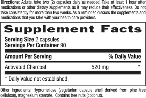 Country Life Activated Organic Coconut Charcoal Capsules, 260mg – Natural Charcoal Supplement for Gas and Bloating Relief, Gluten-Free, 180 Vegan ...