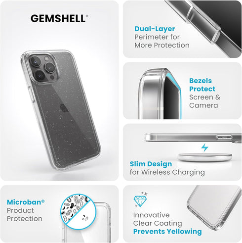 Speck Clear iPhone 15 Pro Max Case - Slim, Drop Protection - Scratch Resistant, Anti-Yellowing, 6.7 Inch Phone Case - GemShell Clear/Platinum Glit...