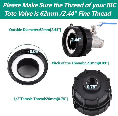 IBC Tote Fittings, 275-330 Gallon IBC Tote Tank Adapter? 2.44" Fine Thread??IBC Tote Adapter + Lead-Free 304 Stainless Steel Hose Faucet/Valve? IB...