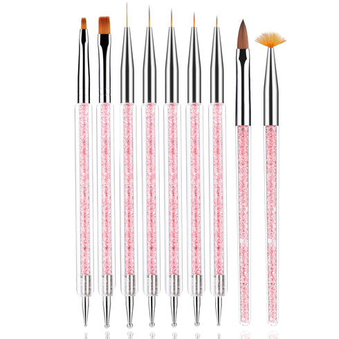 JASSINS Nail Art Brushes,9PCS Double Ended Nail Brush and Nail Dotting Pens,Shiny Handles Professional Nail Liner Painting Tool Brush for Home Use...