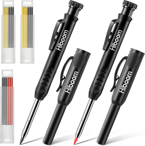 Hiboom 2 Pack Solid Carpenter Pencils with Pencil Cap and 18 Refills, Long Nose Deep Hole Mechanical Pencil Marker, Scribe Tool with Built-in Shar...