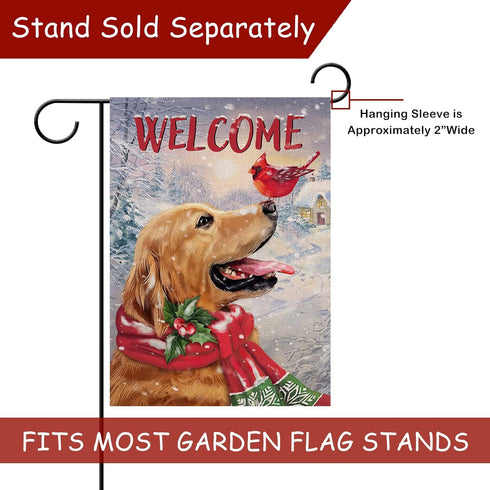 Welcome Winter Golden Retriever Dog Decorative Burlap Garden Flag, Puppy Cardinal Pet Home Yard Small Outdoor Decor, Christmas Snowy Outside Decor...