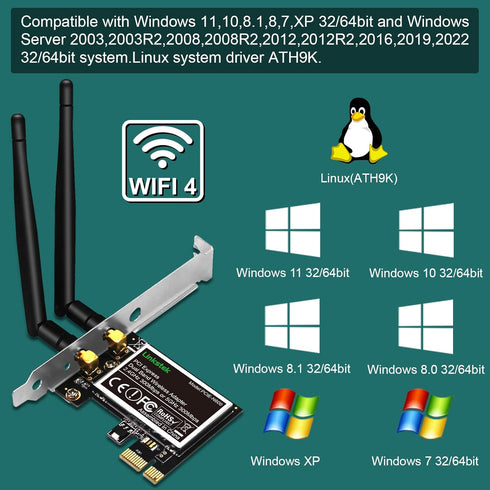Wireless N 600Mbps (2.4GHz 300Mbps and 5GHz 300Mbps) PCIE WiFi Adapter, PCIE WiFi Card, QUALCOMM Atheros AR946X Wireless Network Adapter for Windo...