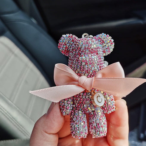 Cute Bling Bear Rear View Mirror Hanging Accessories Sparkle Hanging Ornaments Diamond Bear Charms for Car Mirror (Pink)...