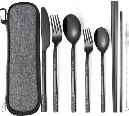 MURRI&MURRDI 8 Pieces Portable Reusable Cutlery Set,Travel Utensils Set with Case, Stainless Steel Flatware Set Including Knife Fork Spoon Chopsti...