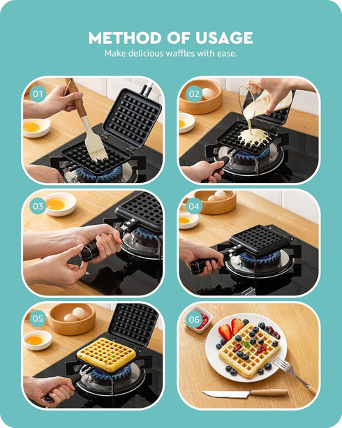 Baffect Non-stick Cast Aluminum Stovetop Waffle Iron, 8.7 Inches Camping Waffle Maker Pan, Portable Stove Top Aluminum Waffle Maker Pan for Family...