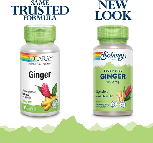 SOLARAY Ginger Root 1100mg | Healthy Digestion, Joints and Motion & Stomach Discomfort Support | Whole Root | Non-GMO & Vegan | 100 VegCaps | Pack...