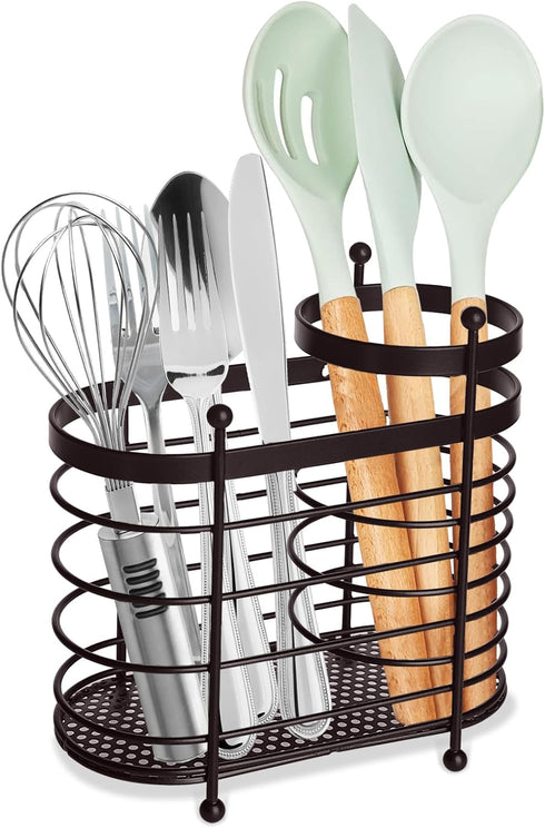 Kitchen Utensil Holder for Countertop, Metal Utensil Holder Rack Bronze Cooking Tools Storage Flatware Organizer with Drainage Hole...
