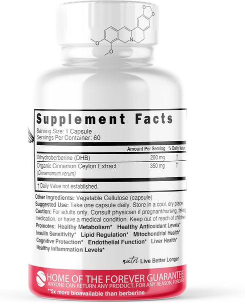 Dihydroberberine Supplement 200mg 60 Capsules - With Ceylon Cinnamon - 5X More Effective Than Regular Berberine HCL - Super Berberine with Ceylon ...