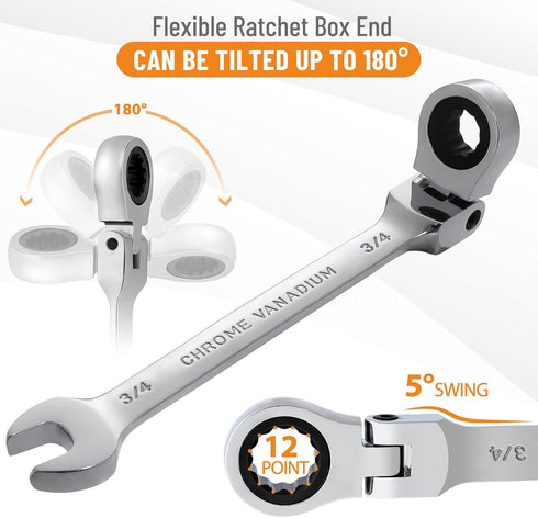 B4B BANG 4 BUCK 3/4 Wrench, Flex-Head Ratcheting Combination Wrench Industrial Grade 72 Teeth 12 Point Ratchet Box Ended and Open End Spanner Tool...