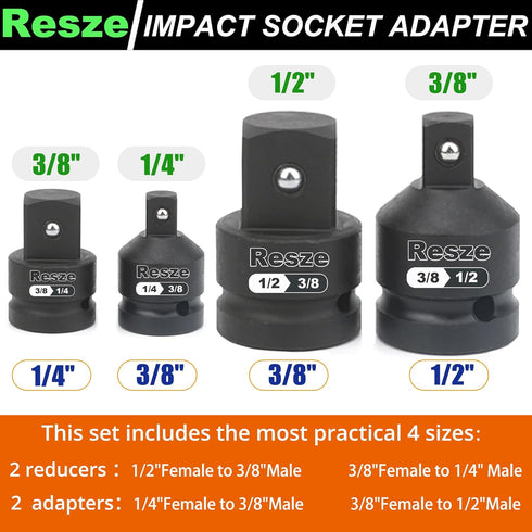 4PCS Impact Socket Adapter and Reducer Set,1/2"to 3/8" & 3/8"to 1/2"& 3/8"to 1/4"& 1/4"to 3/8"Drive Socket Adapter Set, Square Adapter Breaker Bar...