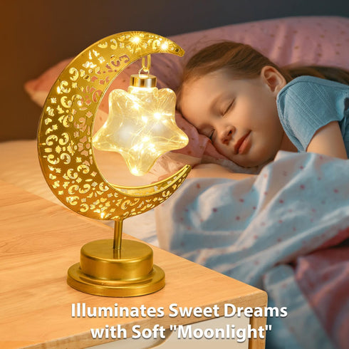 Decorative Table Lamp, Battery Powered Ramadan Desk Lamp Decorations Crescent Table Light Lunar Star Moon Lantern for Bedside Nightstand Desktop K...