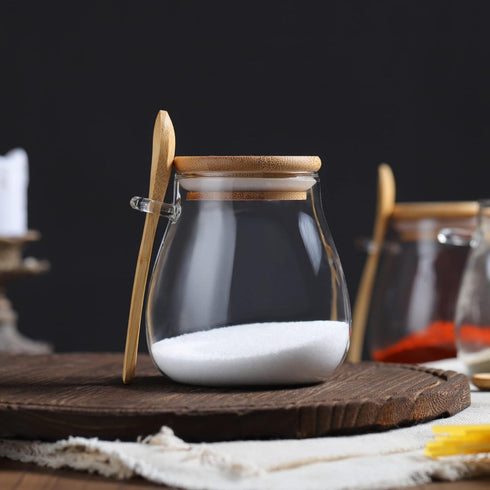 Joeyan Glass Jar with Airtight Bamboo Lid and Spoon Attached, 12 oz Salt Sugar Spice Seasoning Container, Clear Condiment Pot, Glass Food Storage ...