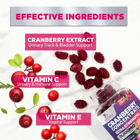 Cranberry Gummies - Urinary Tract Health Gummy + Vitamin C - 25,000mg - Triple Strength Cranberry Concentrate Extract Supplement Pills, Ultimate P...