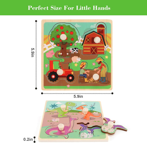 Wooden Peg Puzzles for Toddlers 1-3, Kids' Educational Preschool Peg Puzzle Toy, Set of 4 Toddler Puzzles - Farm, Dinosaur, Fruit and Marine Anima...