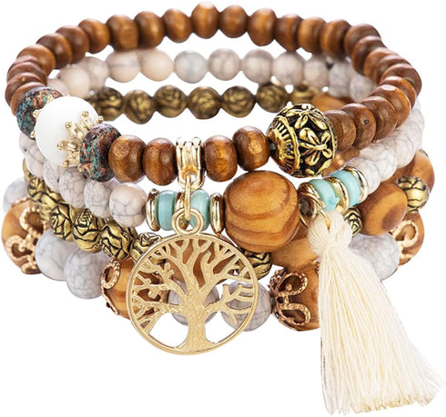 Tree of Life Bracelets for Women Bohemian Stretch Wood Beaded Bracelets for Women Boho Tassel Bracelet Multilayer Stackable Bracelets Christmas Bi...