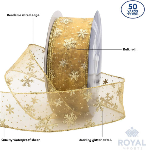 Royal Imports Organza Glitter Wired Sheer Christmas Ribbon - 2.5" (#40) Snowflake Design for Floral, Craft, Holiday Decoration, 50 Yard Roll (150 ...